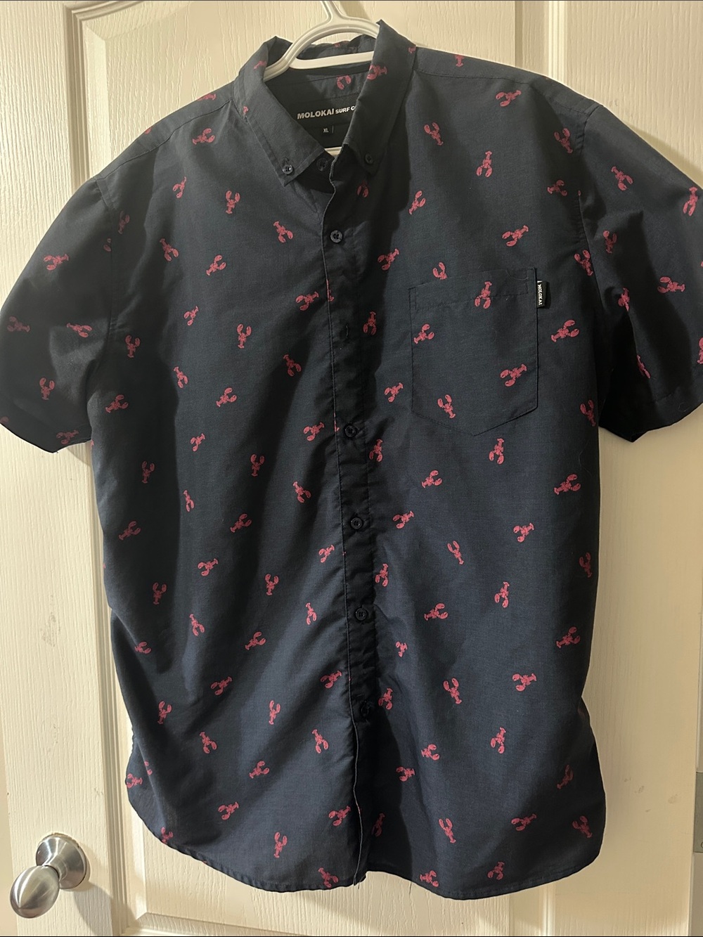 Molokai Navy Short-Sleeve Button-Down with Pink Lobster Print